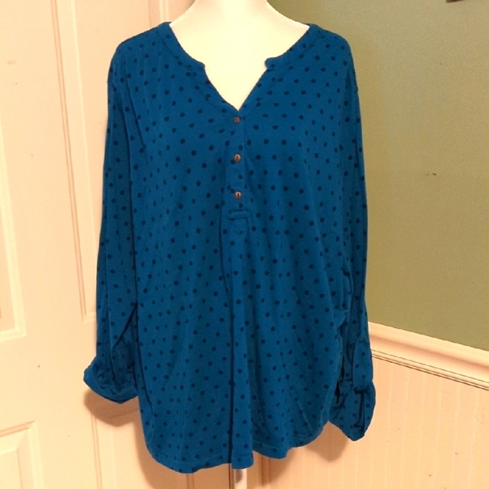 Basic Editions Women's Blue Polka Dot Long Sleeve Top 2X Summer Fall Plus Size